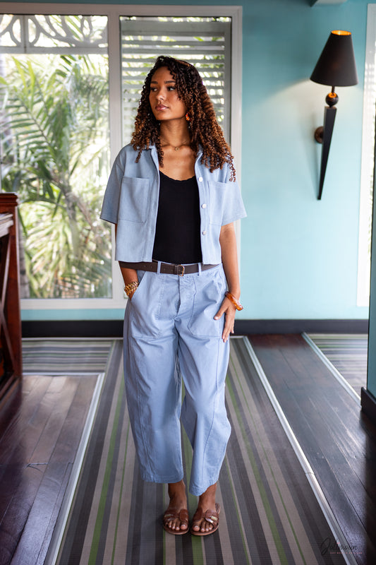 Barrel – Pantalon bleu 100 % coton coupe ample ceinture incluse