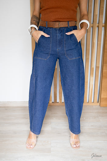 Barrel – Pantalon bleu jeans 100 % coton coupe ample ceinture incluse