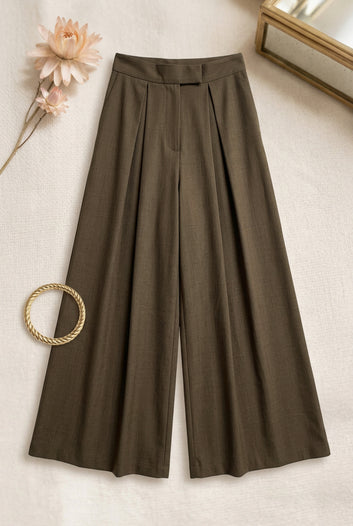Héline - Pantalon marron kaki coup ample taille haute fermeture par scratch