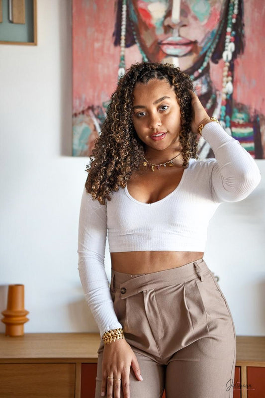 Nova - Crop top blanc manches longues col V en coton stretch