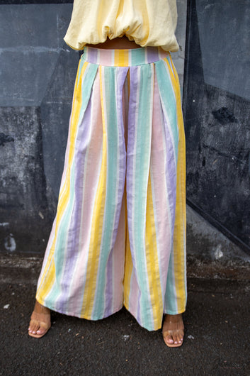 Maélina – Pantalon large multicolore rayures pastel taille élastique