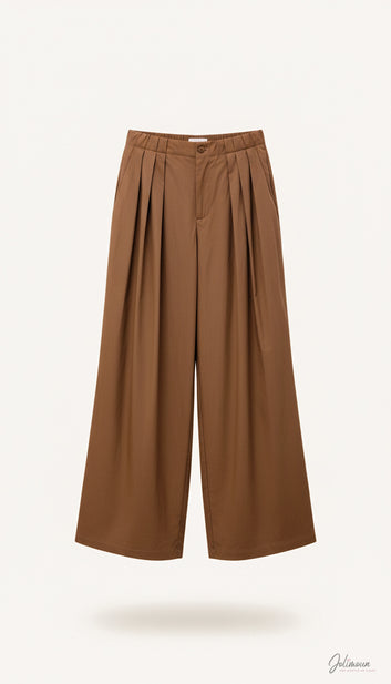 Marion - Pantalon large marron en coton ultra léger