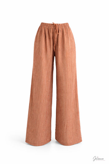 Marty - Pantalon gaze rayé terracotta taille élastique lien à nouer