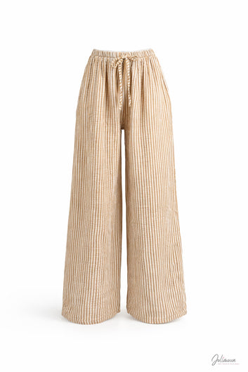 Marty - Pantalon gaze rayé camel taille élastique lien à nouer