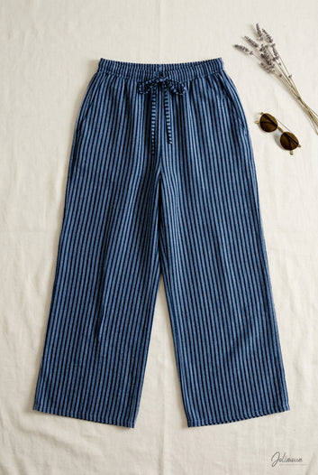Marty - Pantalon gaze rayé bleu marine taille élastique lien à nouer