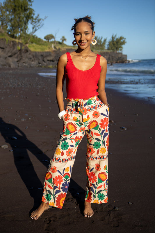 Médina – Pantalon fluide taille haute à imprimé floral