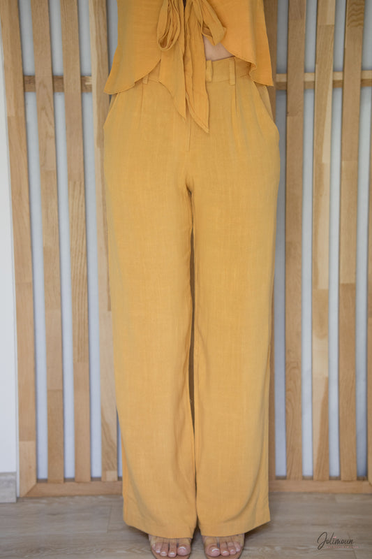 Morgane - Pantalon Lin jaune moutarde