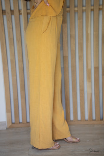 Morgane - Pantalon Lin jaune moutarde