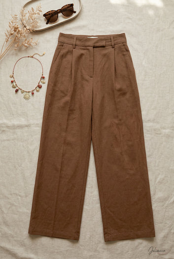 Morgane - Pantalon marron clair taille haute coupe large à pinces