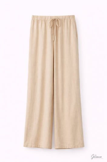 Myra - Pantalon large beige taille élastique lien ajustable