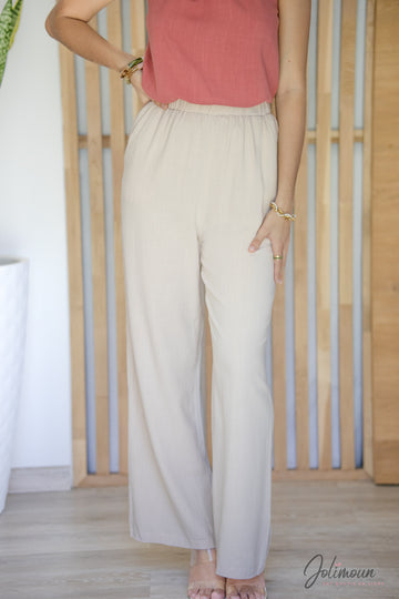 Prisca- Pantalon Lin beige taille élastique