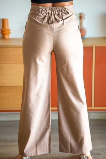 Réva – Pantalon large brun foncé en coton et lin taille haute