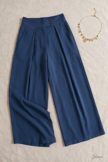 Sloane - Pantalon wide-leg bleu marine à plis