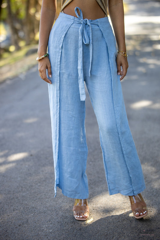 Azur- Pantalon Portefeuille en Lin Bleu Ciel