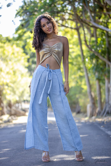 Azur- Pantalon Portefeuille en Lin Bleu Ciel