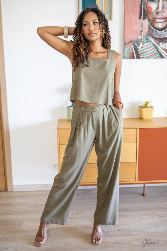 Jolia – Pantalon fluide kaki taille haute plis devant