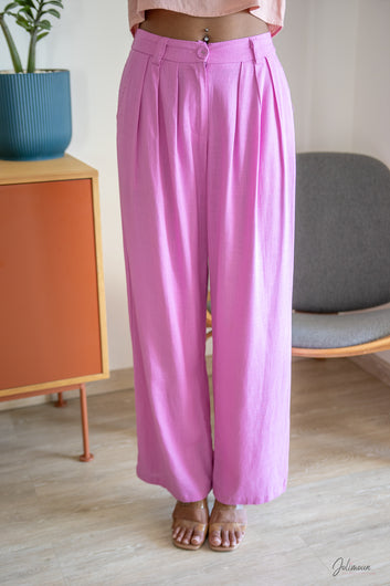 Jolia – Pantalon fluide rose bonbon taille haute plis devant