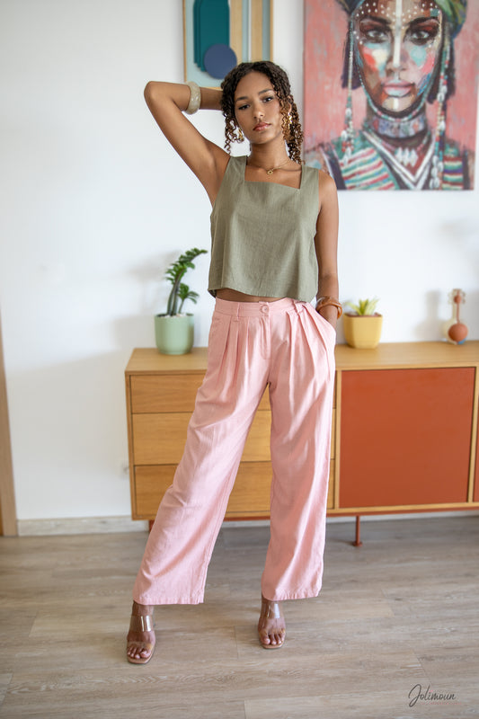 Jolia – Pantalon fluide rose poudré taille haute plis devant