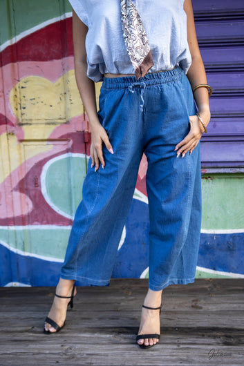 Maorya – Pantalon large denim bleu taille élastique