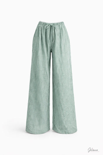 Marty - Pantalon gaze rayé vert amande taille élastique lien à nouer