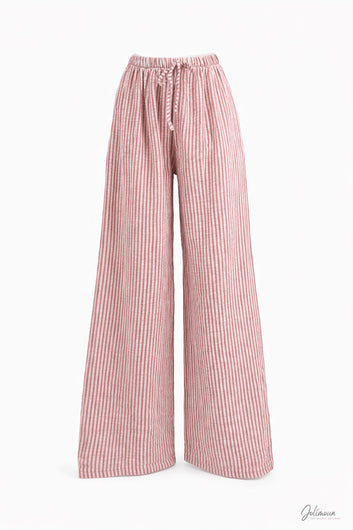 Marty - Pantalon gaze rayé rose taille élastique lien à nouer