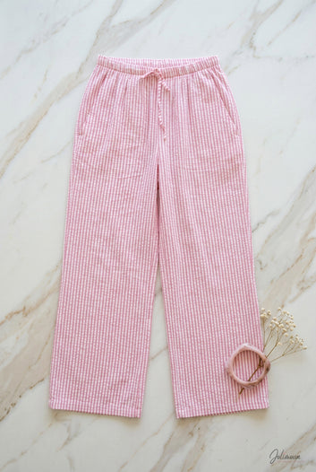 Marty - Pantalon gaze rayé blush taille élastique lien à nouer