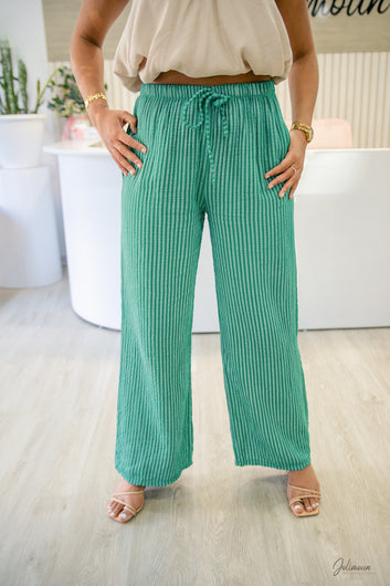 Marty - Pantalon gaze rayé vert jardin taille élastique lien à nouer