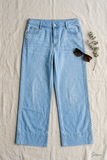 Bella - Jean wide leg denim a clous taille haute revers
