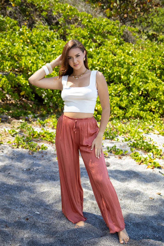 Élora – Pantalon satiné terracotta taille élastique