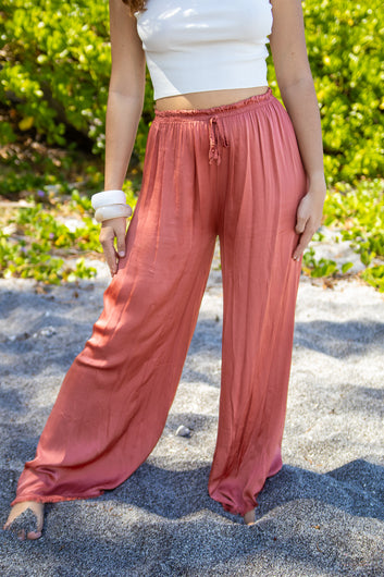 Élora – Pantalon satiné terracotta taille élastique