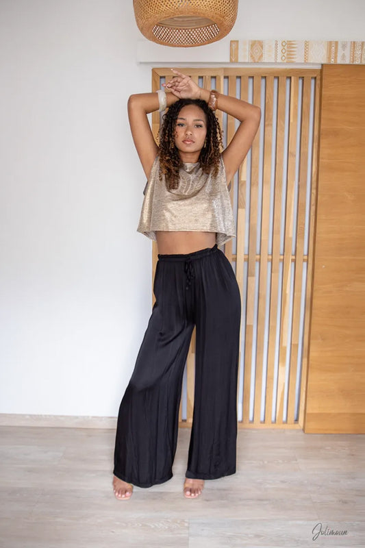 Élora – Pantalon satiné noir taille élastique