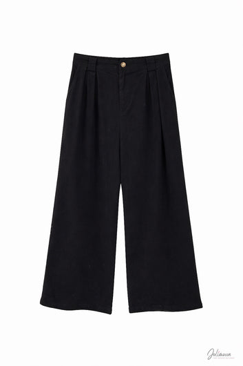 Paperbag- Pantalon large noir taille haute plis marqué
