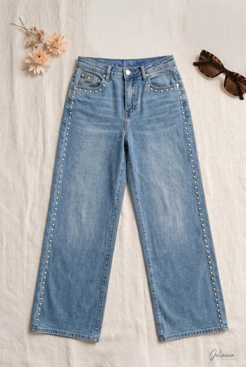 Bella - Jean wide leg denim a clous taille haute