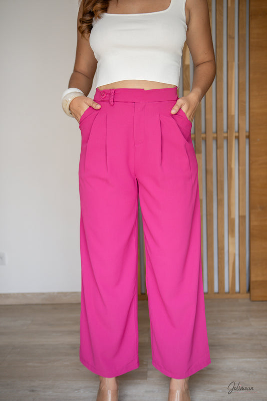 Léni – Pantalon droit fuchsia avec passant ceinture torsadé