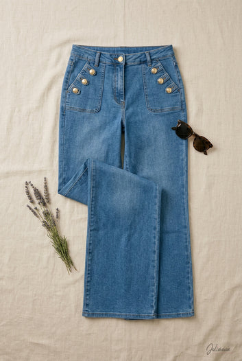 NAEL - Jean flare Wide Leg taille haute à boutons dorés