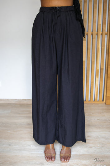 Patrick – Pantalon noir taille haute fluide à taille élastique