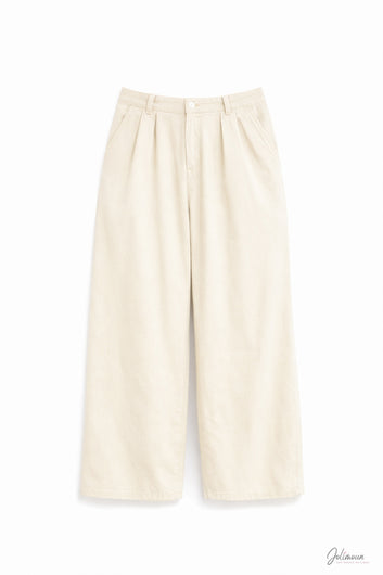 Paperbag- Pantalon large beige taille haute plis marqué