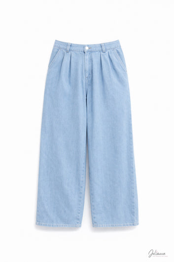 Paperbag- Pantalon large bleu clair taille haute plis marqué