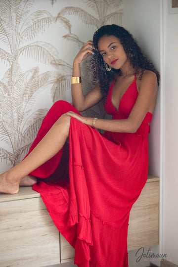 Aby - Robe longue rouge dos nu détail volants