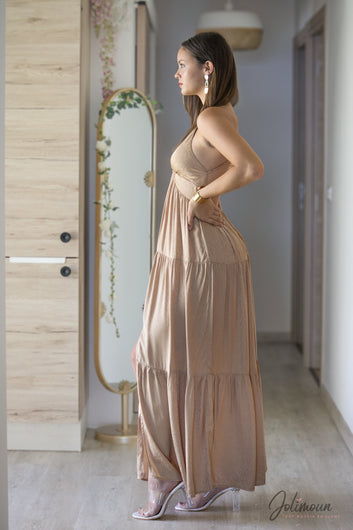 Stacy - Robe longue beige satin avec anneau