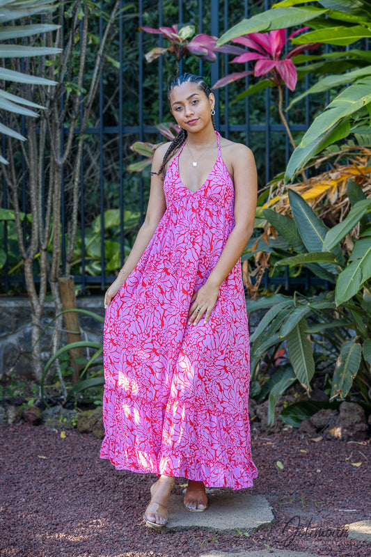 Jolia - Robe longue fluide dos nu à imprimé floral rose et rouge