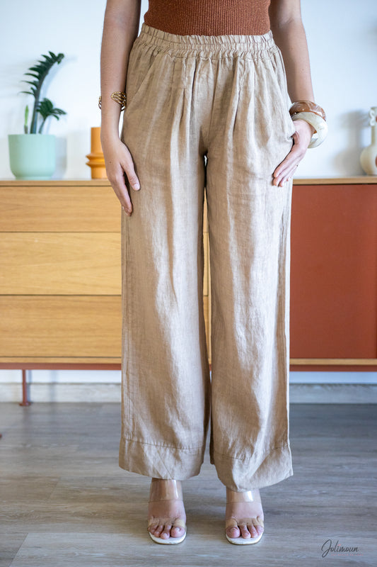 César - Pantalon large beige taille élastiquée coupe fluide 100% lin