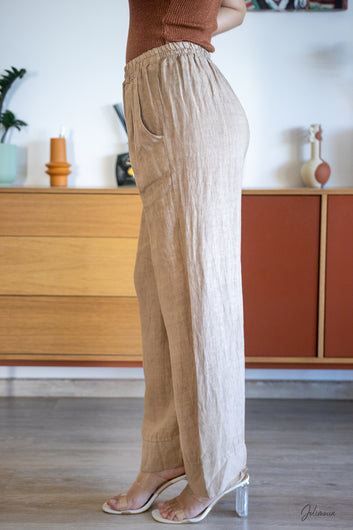 César - Pantalon large beige taille élastiquée coupe fluide 100% lin