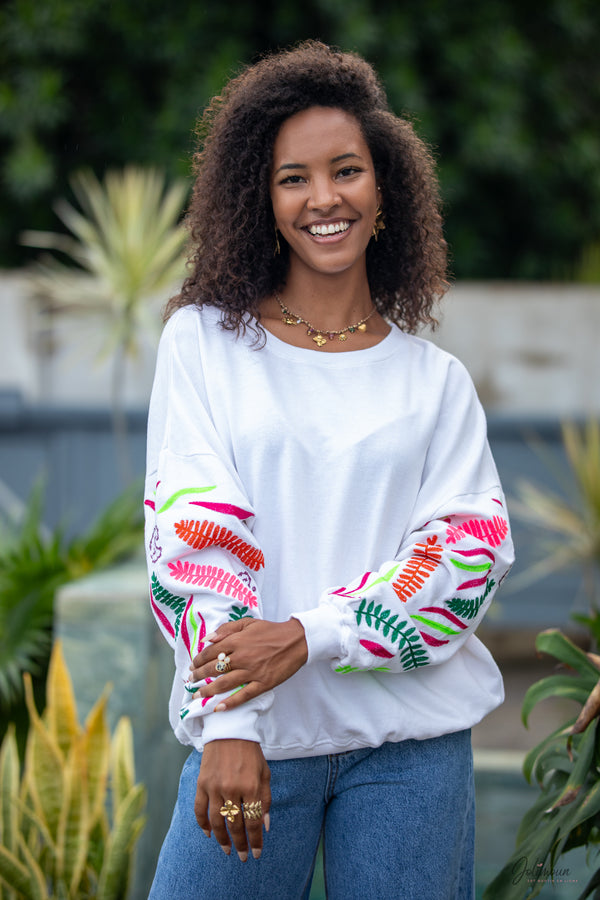 Olive - Sweat Écru manche Brodé coloré