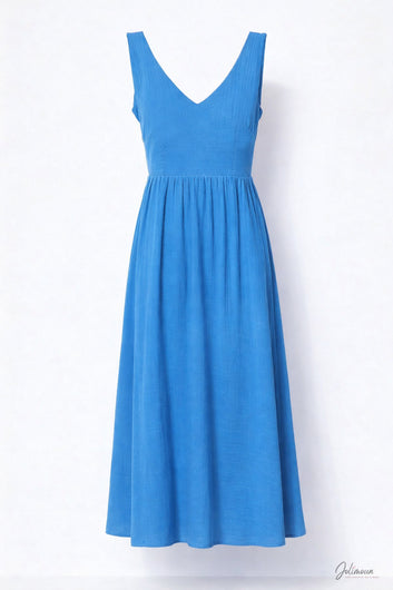 Agathe - Robe longue bleue en gaze de coton à volants