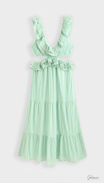 Agnès - Robe longue vert menthe découpes volantées