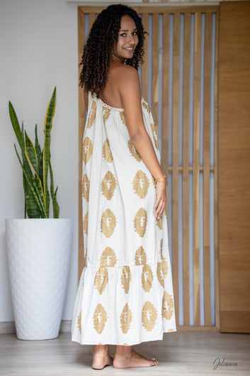 Alina Gold - Robe longue asymétrique à motif imprimé doré