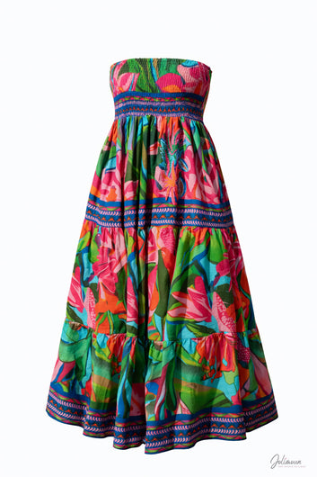 Amalia - Robe longue bustier imprimé tropical en voile de coton