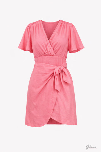 Anéa – Robe courte rose portefeuille col V manches papillon