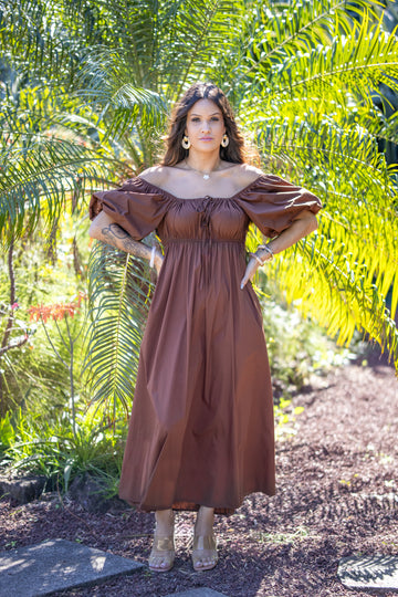 Ava - Robe Longue col bardot Chocolat